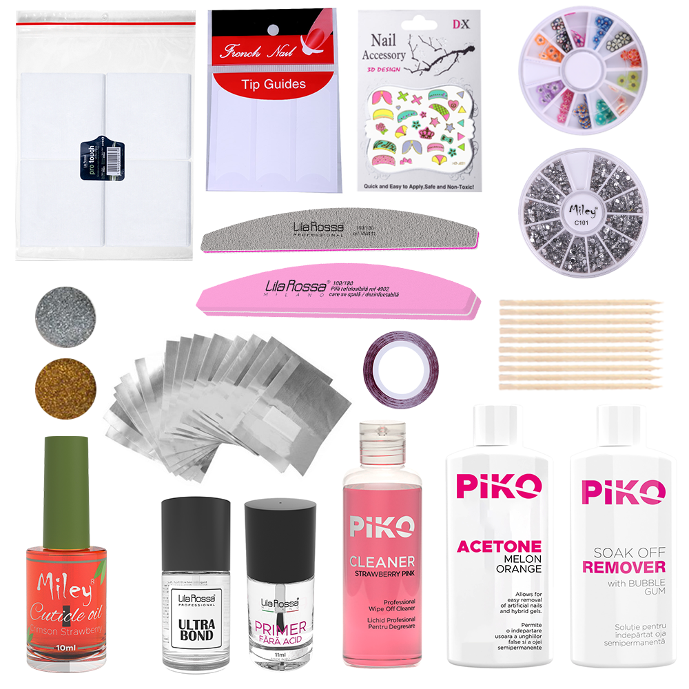 Kit accesorii pentru oja semipermanenta si gel UV, Lila Rossa, Perfect Nails, lichide de pregatire, pile, decor unghii Lila Rossa imagine noua 2022
