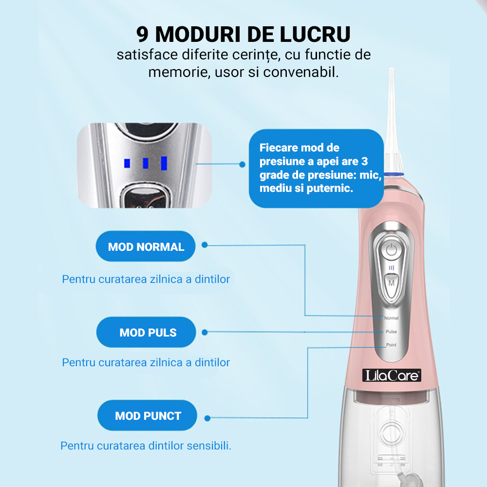 Irigator oral Lila Care, portabil, USB, jet de apa dentar, 3 moduri, rezervor de apa impermeabil dinti,  4 capete inlocuibile, 320 ml, Roz, [3],https:lilarossa.ro