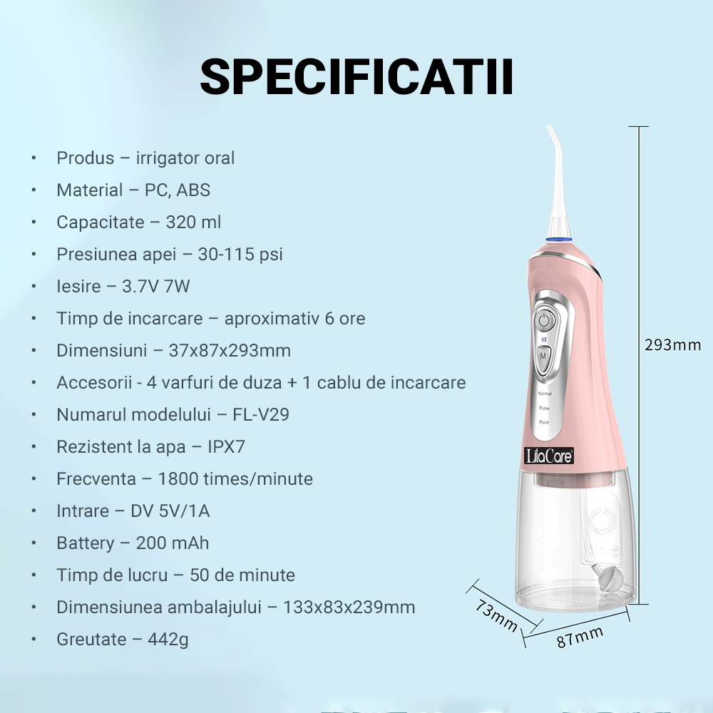 Irigator oral Lila Care, portabil, USB, jet de apa dentar, 3 moduri, rezervor de apa impermeabil dinti,  4 capete inlocuibile, 320 ml, Roz, [5],https:lilarossa.ro