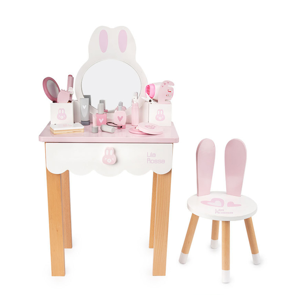 Masa cu oglinda si scaun Hi Lila Rossa girls, cu accesorii, lemn, forma iepuras, alb cu roz Lila Rossa imagine noua 2022