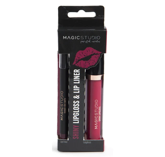 Set ruj lichid si creion de buze Magic Studio Shiny Lipgloss & Lip Liner, roz