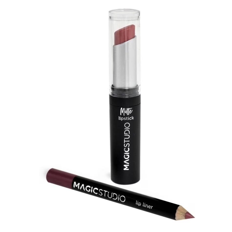 Set ruj mat si creion de buze Magic Studio Matte Lipstick & Lipliner, brown