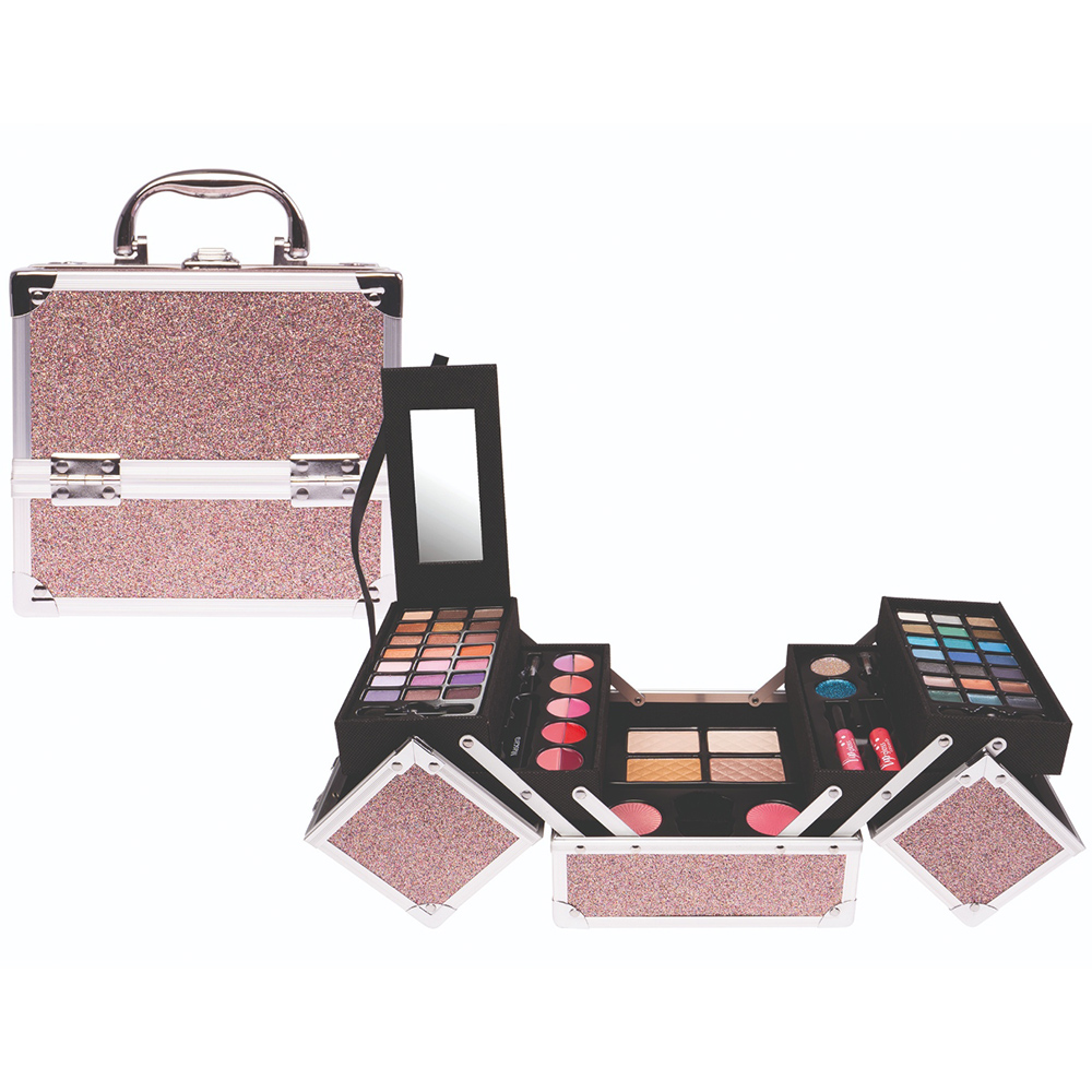 Poze Set paleta machiaj tip geanta cosmetice Treffina, 18 x 18 x 16 cm, trusa produse cosmetice, glitter pink lila-rossa.ro 