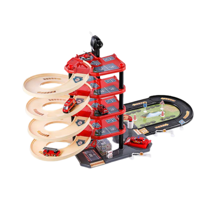 Set parcare pentru masinute Karemi, pe 4 nivele, 1 elicopter, 4 masini de pompieri