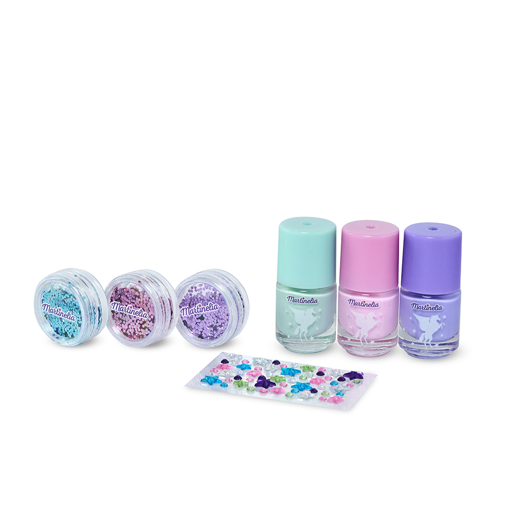 Set unghii false copii, MARTINELIA GALAXY DREAMS SHINY NAIL SET, cosmetice copii, pentru fetite, 3 lacuri de unghii solubile in apa, 3 cutii cu sclipici decorative, 1 folie autocolanta cu stickere Apă imagine noua 2022
