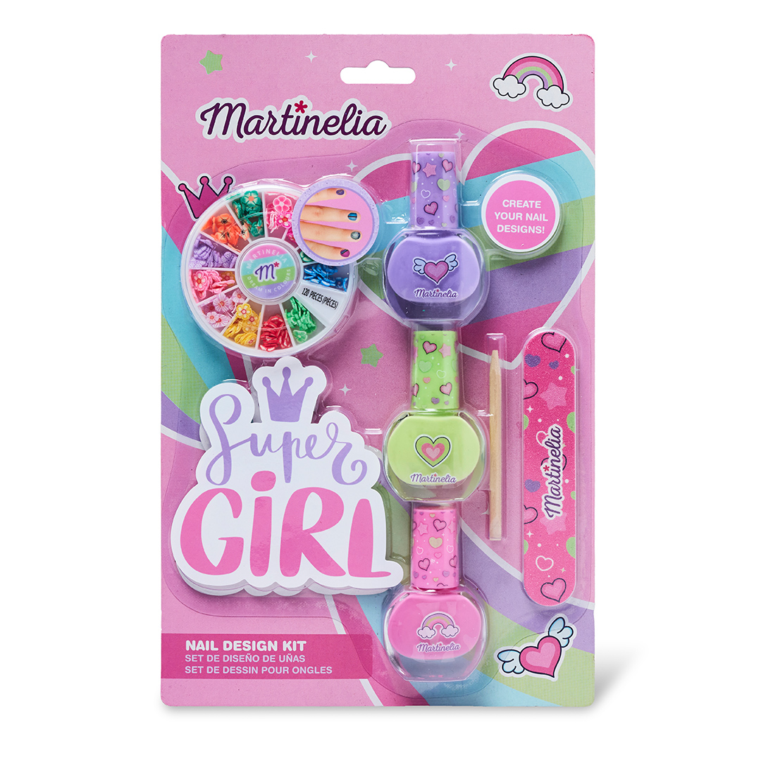 Set unghii false copii, MARTINELIA SUPER GIRL NAIL DESIGN KIT, cosmetice copii, pentru fetițe, oja, pila, betisor de cuticule, stikere 3D