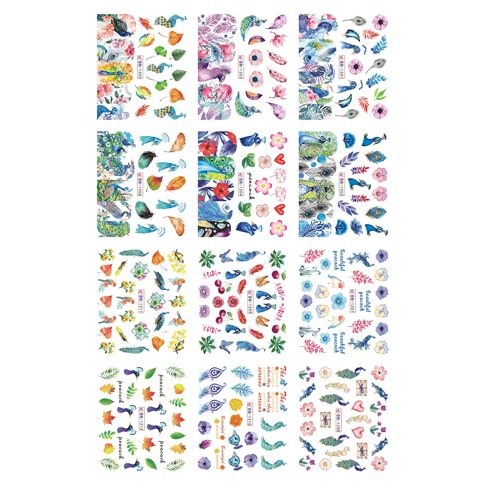 Set stickere nail art Lila Rossa, pentru decor unghii, cu flori si animale, 12 buc, bn-1205-1208