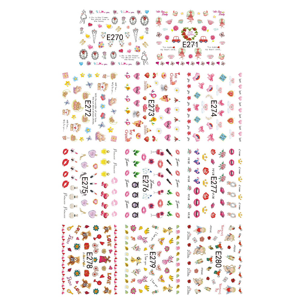 Set stickere A5 pentru decor unghii cu flori, inimioare, pentru Valentine\'s day, 11 buc, E-270-280
