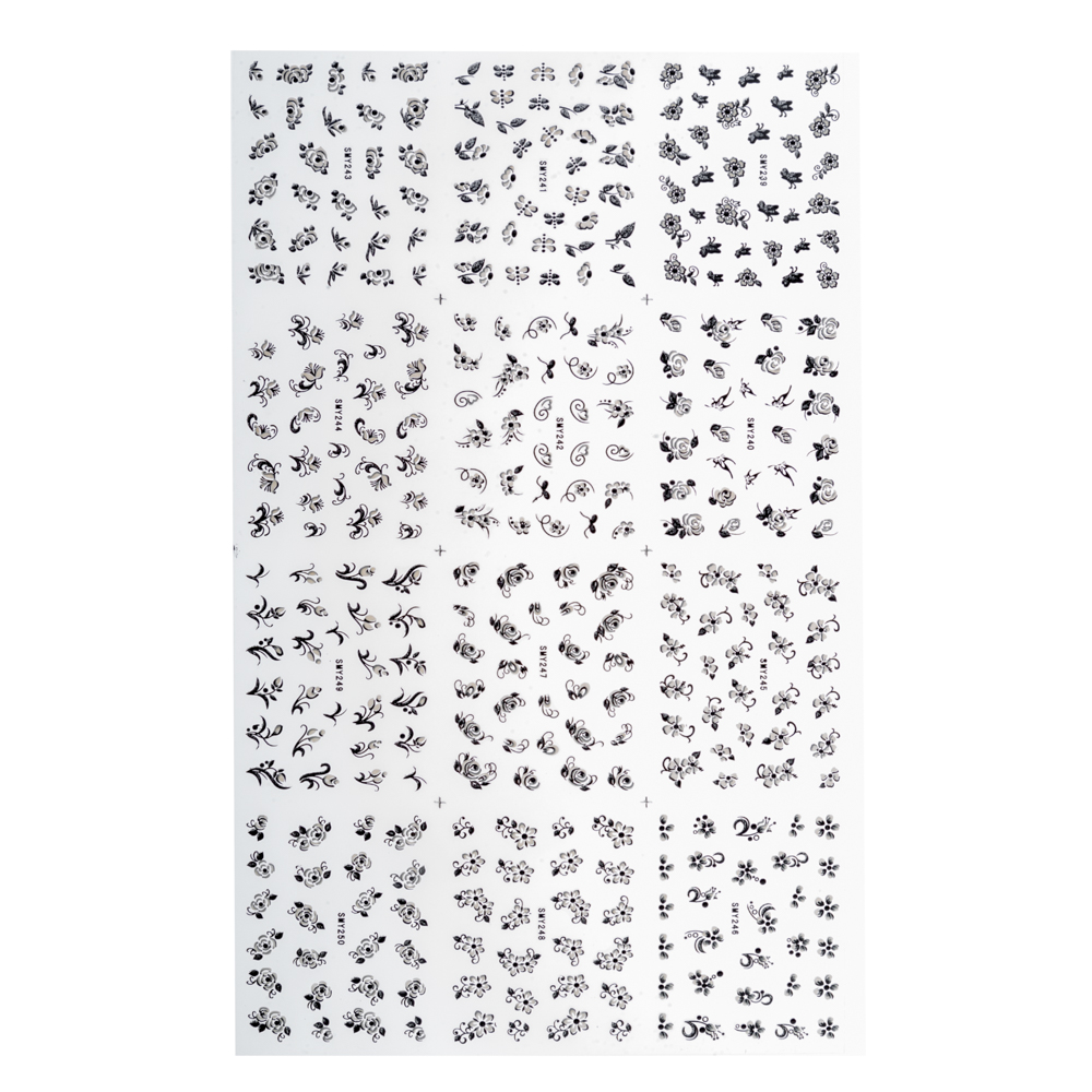 Set stickere A5 pentru decor unghii Lila Rossa, cu flori, fluturi, 12 buc, smy-243-246