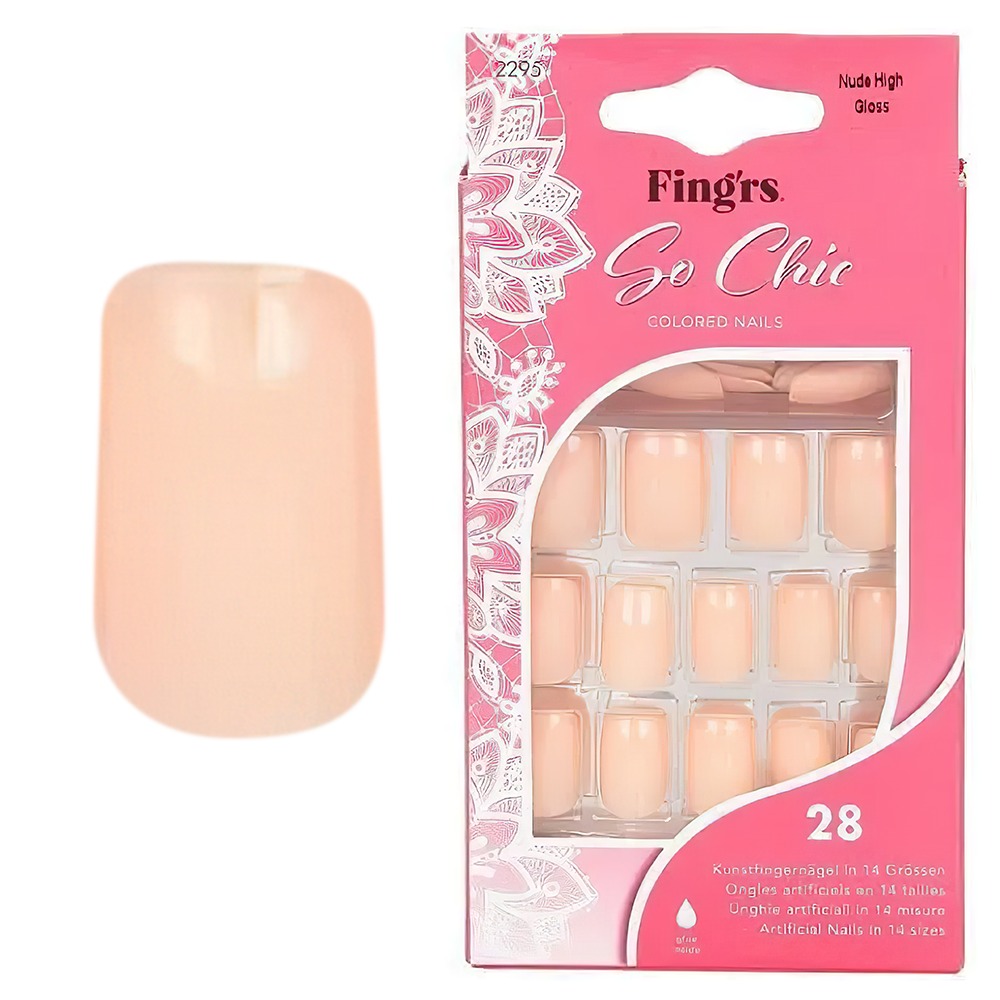 Tipsuri unghii false color press-on, So Chic Colored Nails, Nude High Gloss, Fingrs, 28 buc., + lipici unghii false + pila unghii + betisor portocal