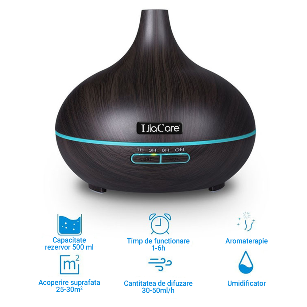 Umidificator difuzor aromaterapie, Lila Care, 500 ml, ultrasonic, cu telecomanda, Maro inchis, [3],https:lilarossa.ro