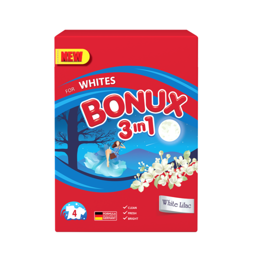 Detergent pudra - BONUX 3IN1 AUTOMAT WHITE LILAC 400G 6/BAX, lucidiusmarket.ro