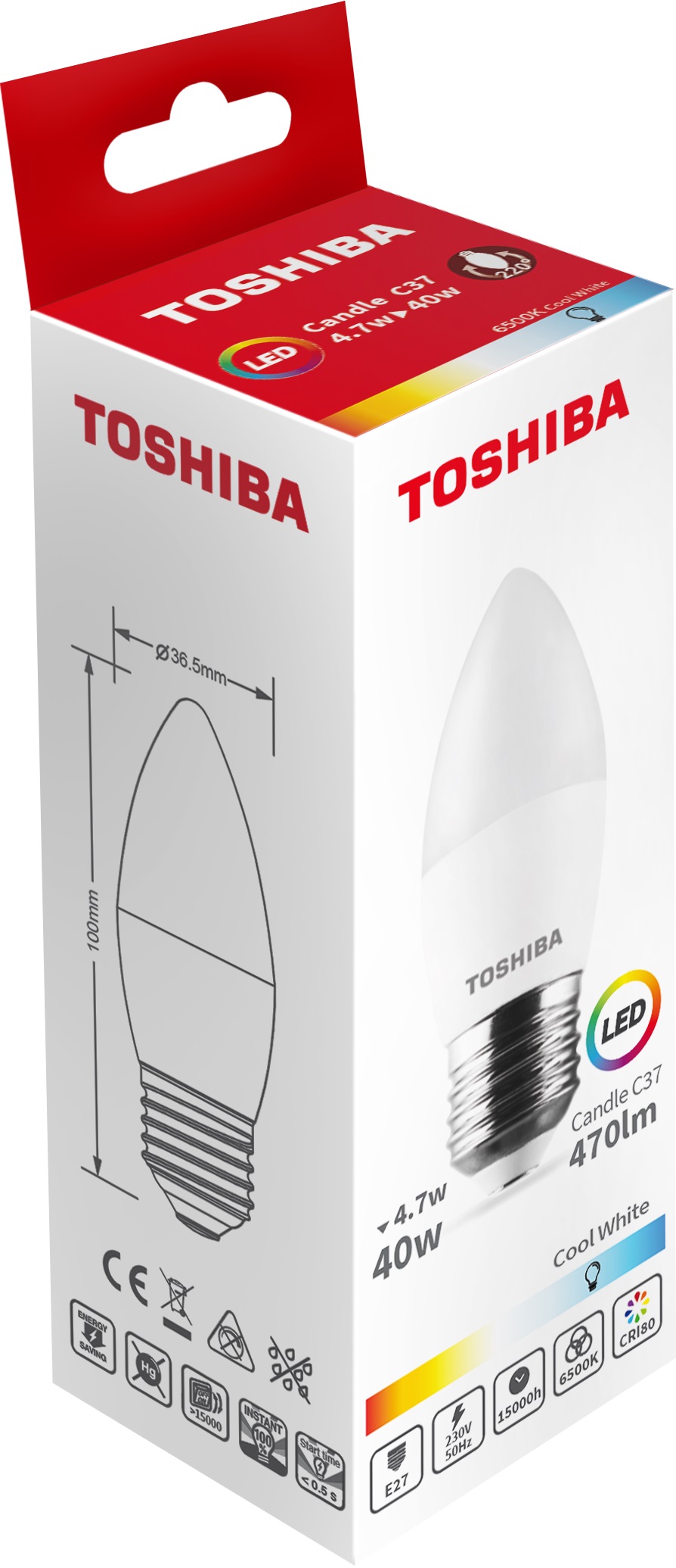 Becuri si lanterne - TOSHIBA BEC LED 4.7W E27 C37 ALB RECE 100/BAX, lucidiusmarket.ro
