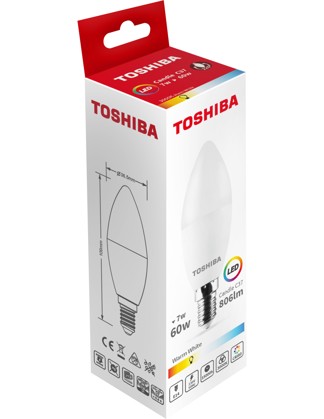 Becuri si lanterne - TOSHIBA BEC LED 7W E14 C37 ALB CALD 100/BAX, lucidiusmarket.ro
