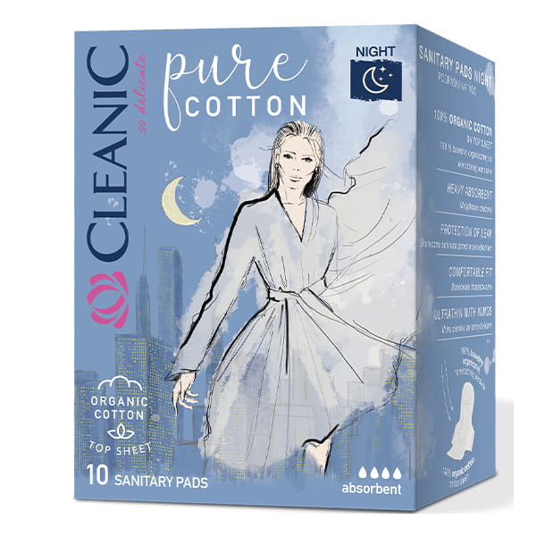 Absorbante de noapte cu bumbac organic Cleanic Pure Cotton, 10buc