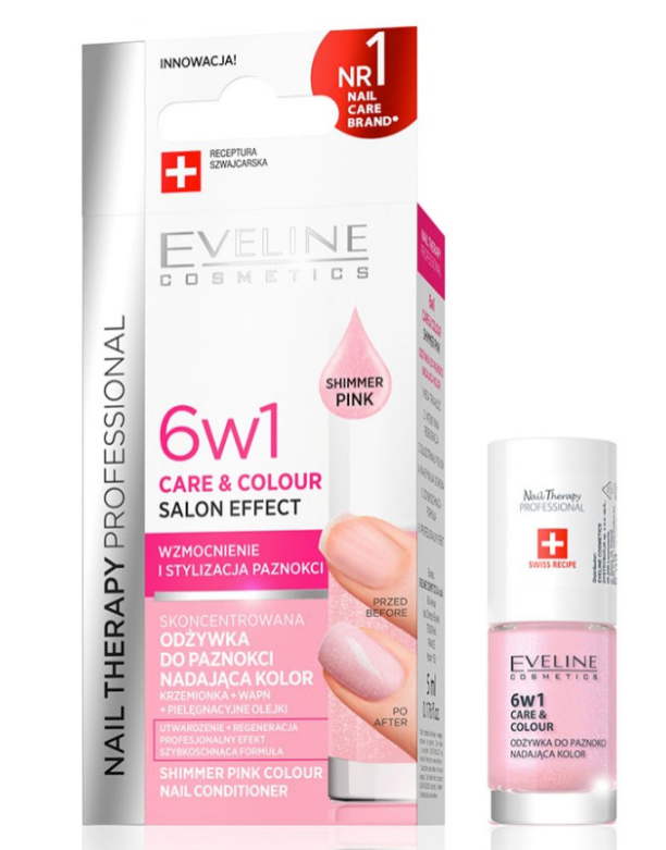 Tratament de unghii 6 in 1, EVELINE Care & Color Salon Effect Shimmer Pink