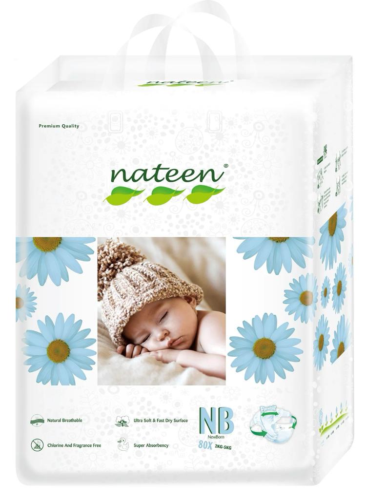 Scutece Biodegradabile și Hipoalergenice Nateen Premium Line NB, Mărimea 1 (2-5kg), 80buc