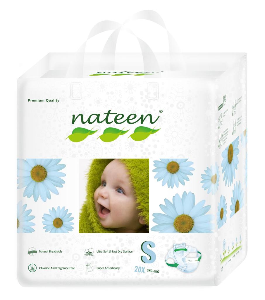 Scutece Biodegradabile și Hipoalergenice Nateen Premium Line S, Mărimea 2 (3-6kg), 20buc