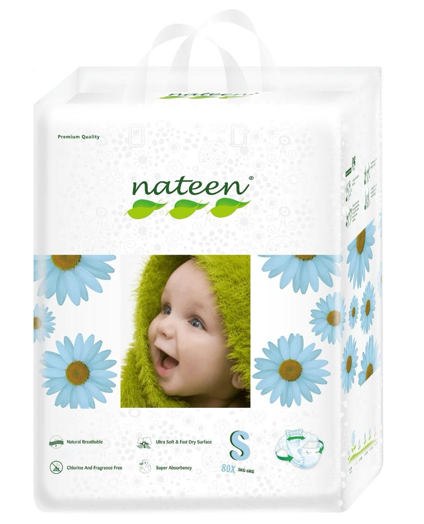 Scutece Biodegradabile și Hipoalergenice Nateen Premium Line S, Mărimea 2 (3-6kg), 80buc