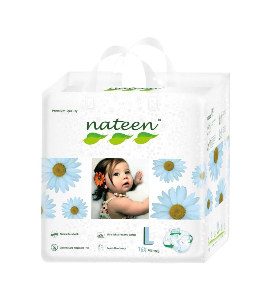 Scutece Biodegradabile și Hipoalergenice Nateen Premium Line L, Mărime 4 (7-18kg), 16buc
