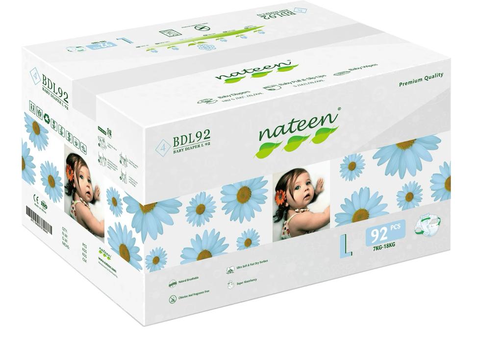 Scutece Biodegradabile și Hipoalergenice Nateen Premium Line L, Marimea 4 (7-18kg), 92buc