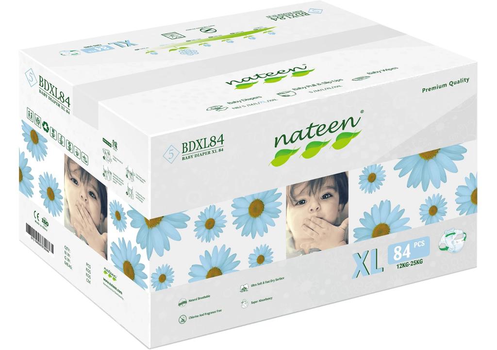 Scutece Biodegradabile și Hipoalergenice Nateen Premium Line XL, Mărime 5 (12-25kg), 84buc