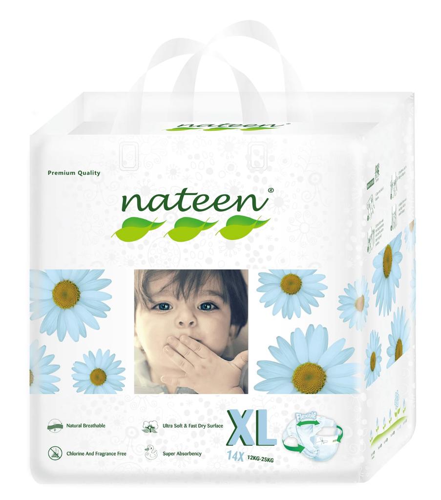 Scutece Biodegradabile și Hipoalergenice Nateen Premium Line XL, Mărime 5 (12-25kg), 14buc