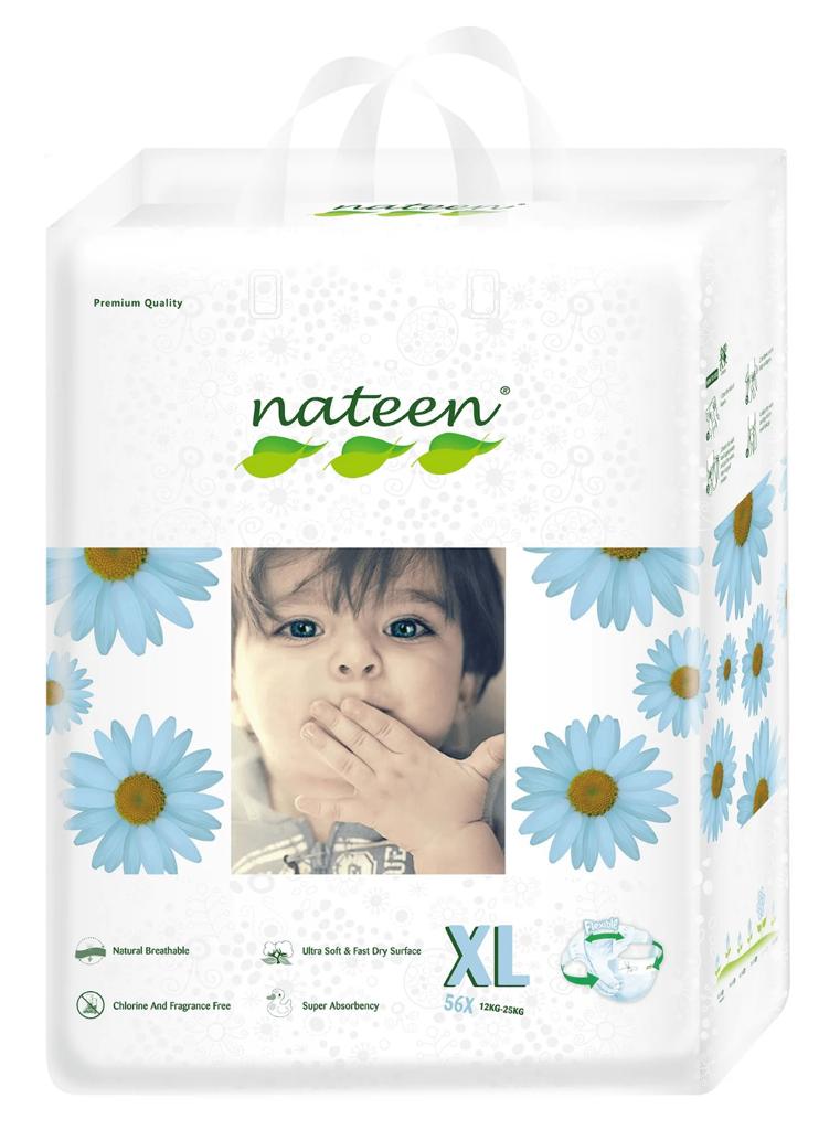 Scutece Biodegradabile și Hipoalergenice Nateen Premium Line XL, Mărime 5 (12-25kg), 56buc