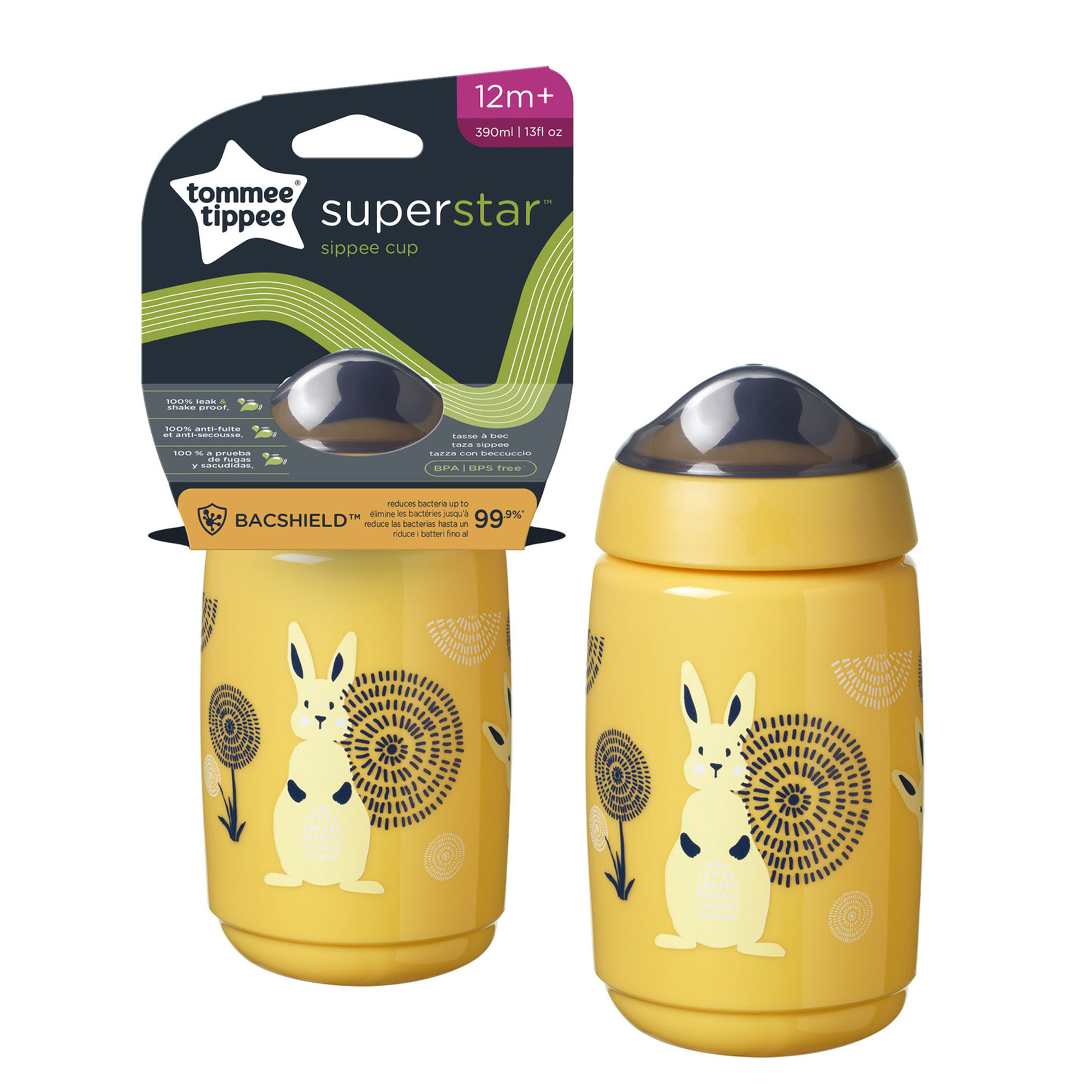 Cana Tommee Tippee Sippee cu protectie BACSHIELD si capac, 390 ml, 12 luni +, Galben, 1 buc