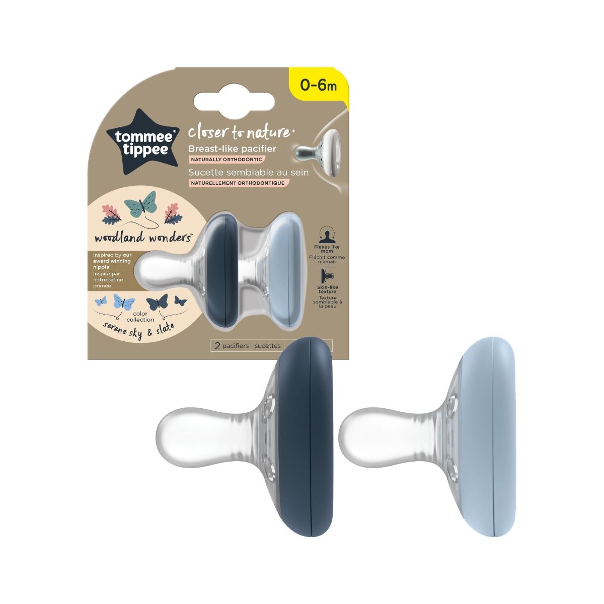 Suzeta Closer to Nature, 0-6 luni Breast Like Pacifier Gri inchis/Gri deschis x2buc, TOMMEE TIPPEE TT0353
