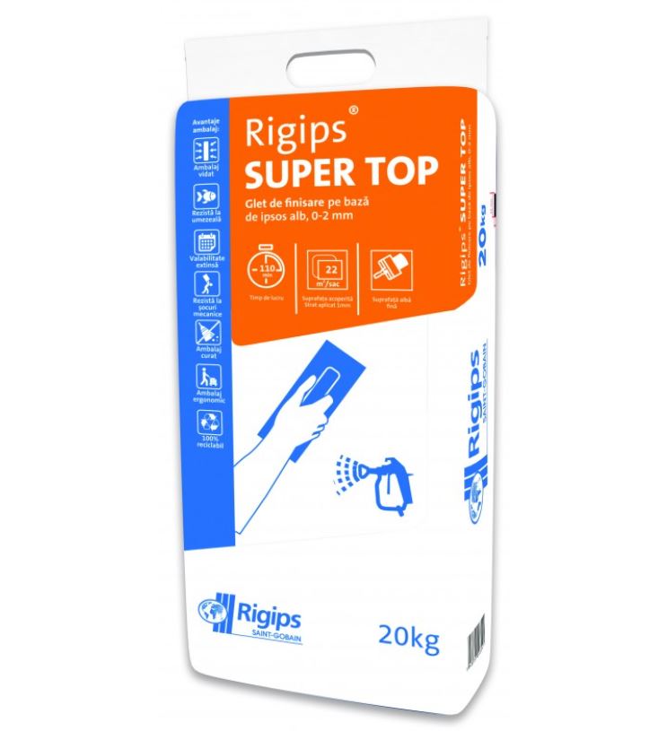 Plasters - Ultrafine finishing glet based on white plaster 0-2mm Rigips Super Top 20kg, https:maxbau.ro