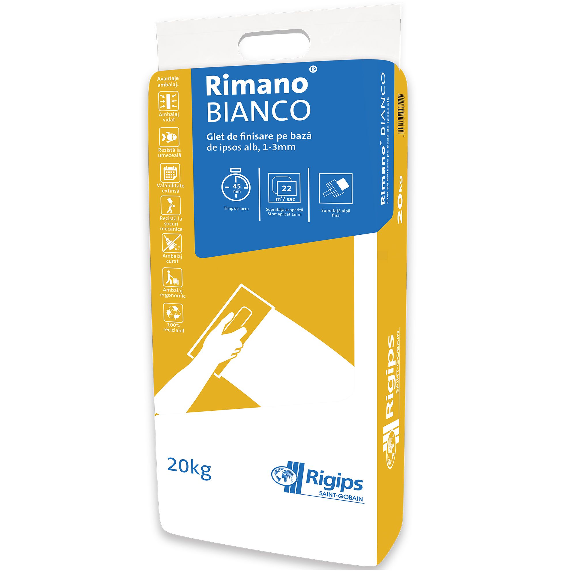 Plasters - Finishing glet based on white plaster 1-3mm Rigips Rimano Bianco 20kg, https:maxbau.ro