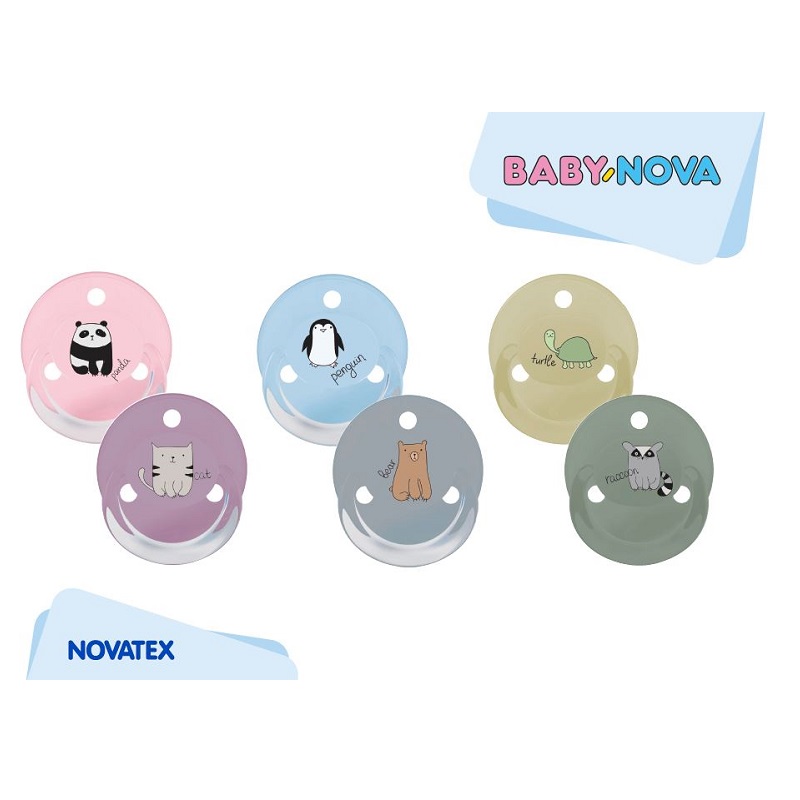 Suzete si accesorii - Baby Nova Suzete rotunde, decorate, multicolore, cu inel si Steribox (cod 20009), medik-on.ro