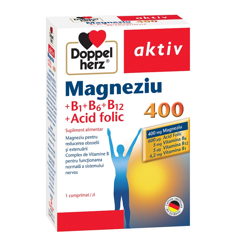 Multivitamine si minerale - Doppelherz Magneziu 400mg + B1 + B12 + Acid folic x 30 tablete, medik-on.ro