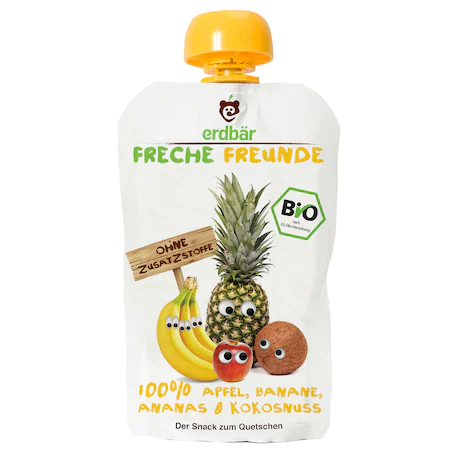 Piureuri (borcan/pouch) - Erdbar Piure din mere, banane, ananas, cocos bio x 100g (freche freunde), medik-on.ro