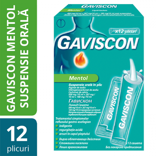 OTC - medicamente fara reteta - Gaviscon Mentol suspensie orala reflux gastro-esofagian x 12 plicuri , medik-on.ro