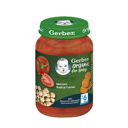 Piureuri (borcan/pouch) - Gerber Organic Piure cu morcov, rosii si curcan x 190 grame, medik-on.ro