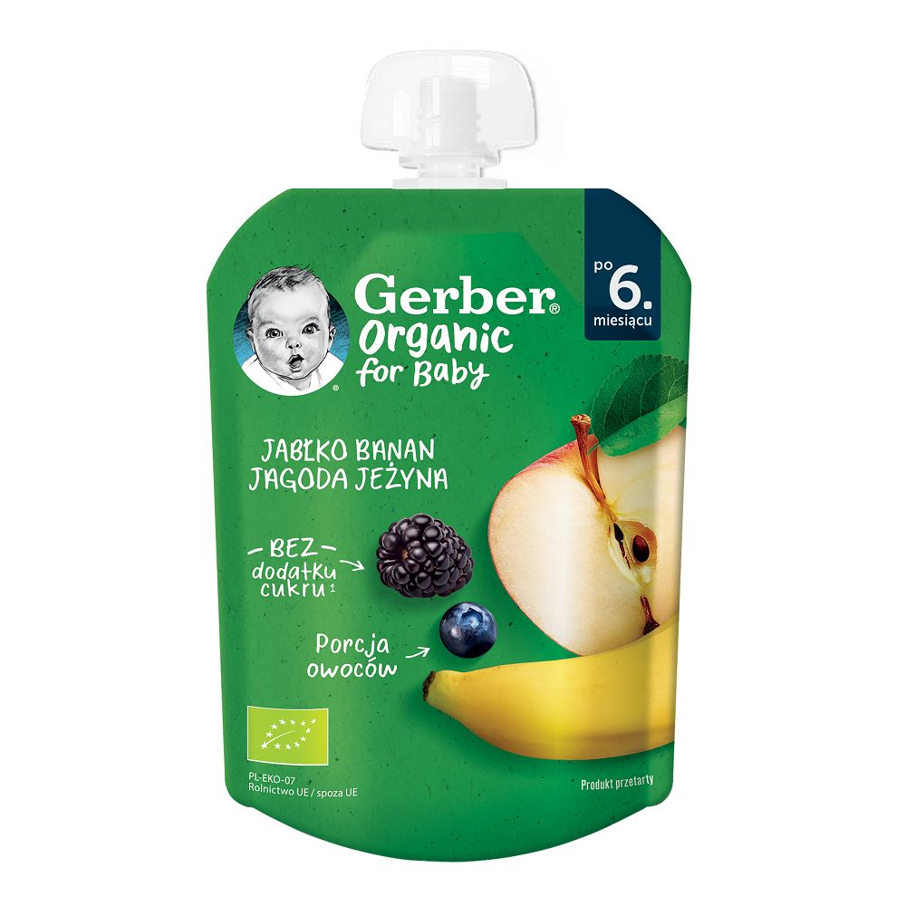 Piureuri (borcan/pouch) - Gerber Organic Piure cu mar, banana si mure x 80 grame, medik-on.ro