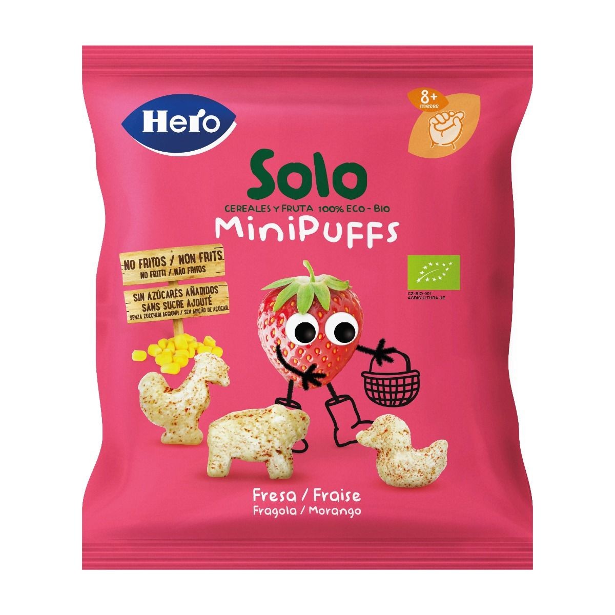 Biscuiti si pufuleti - Hero Solo Minipuffs Snacks Bio cu capsuni x 18 grame, medik-on.ro