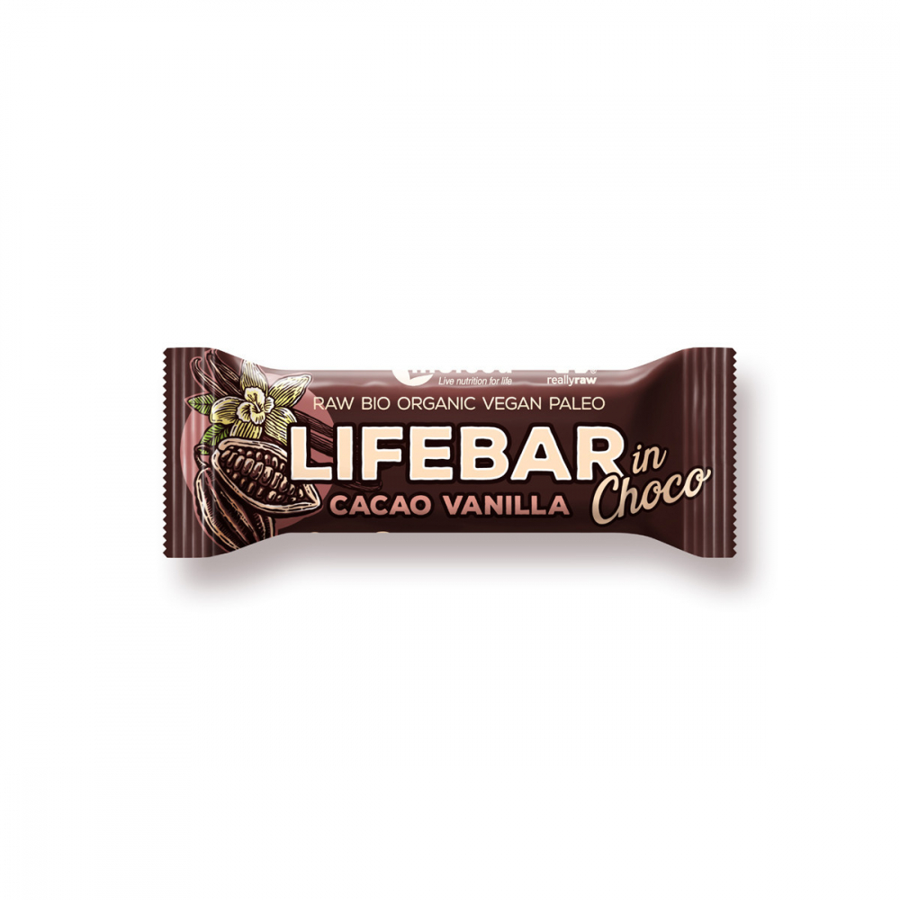 Batoane RAW vegane - Lifebar Baton raw vegan cu cacao si vanile in ciocolata bio x 40 grame, medik-on.ro