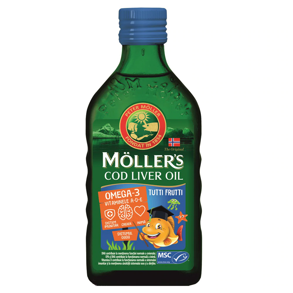 Multivitamine si minerale - Moller's Omega 3 Cod liver oil aroma Tutti-Fruti x 250 ml, medik-on.ro