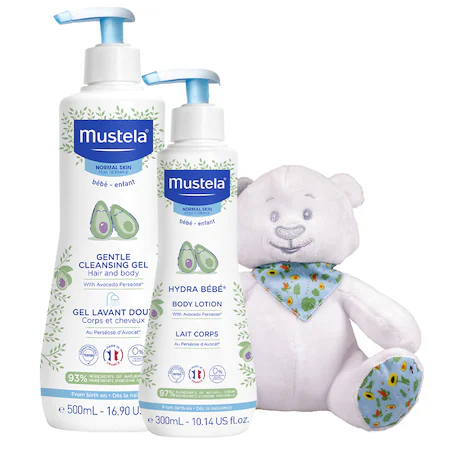 Gel de dus si sapun copii - Mustela Pachet Gel de curatare par si corp x 500 ml + Hydra bebe Lapte de corp x 500ml + ursulet cadou, medik-on.ro