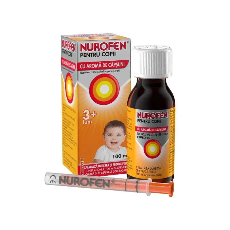 OTC - medicamente fara reteta - Nurofen sirop copii cu aroma de capsuni 100mg/5ml x 100ml, medik-on.ro