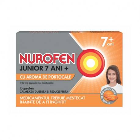OTC - medicamente fara reteta - Nurofen Junior 7 ani+ 100mg cu aroma de portocale x 24 capsule masticabile, medik-on.ro