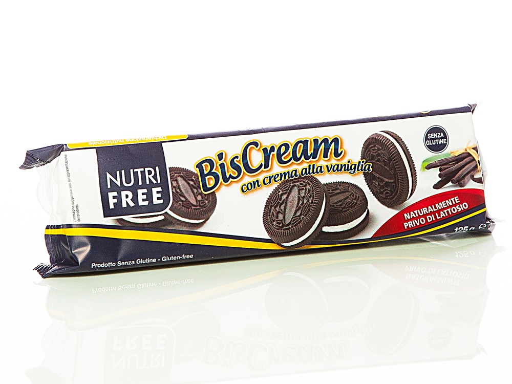 Biscuiti si gustari fara gluten - NutriFree Biscream biscuiti cu crema de vanilie, fara gluten x 125 grame, medik-on.ro