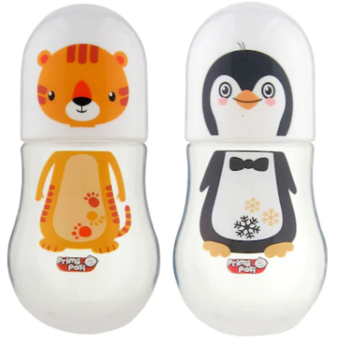 Biberoane din plastic - Primii Pasi Biberon decorat pinguin / tigru x 150ml, medik-on.ro