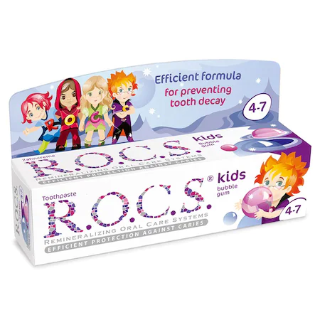 Paste de dinti pentru copii - R.O.C.S. Pasta de dinti cu aroma de Bubble Gum pentru copii 4-7 ani x 45 grame, medik-on.ro