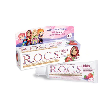 Paste de dinti pentru copii - R.O.C.S. Pasta de dinti cu aroma de zmeura si capsuni pentru copii 4-7 ani x 45 grame, medik-on.ro