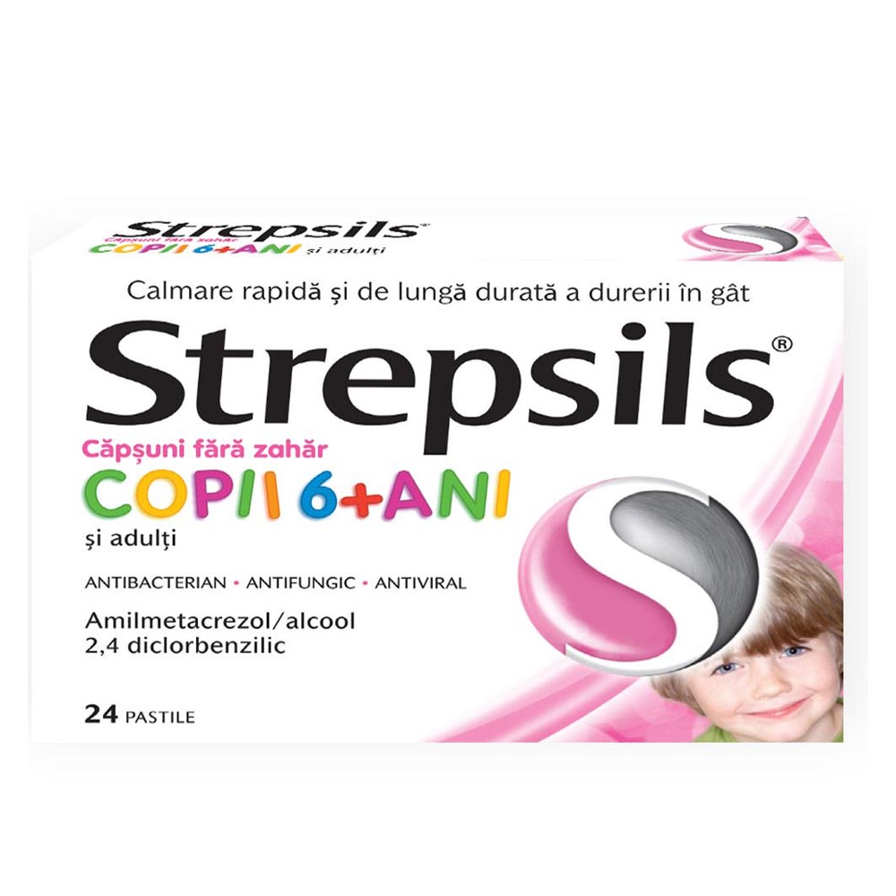 OTC - medicamente fara reteta - Strepsils pentru copii cu aroma de capsuni fara zahar, de la 6 ani, 24 pastile, medik-on.ro