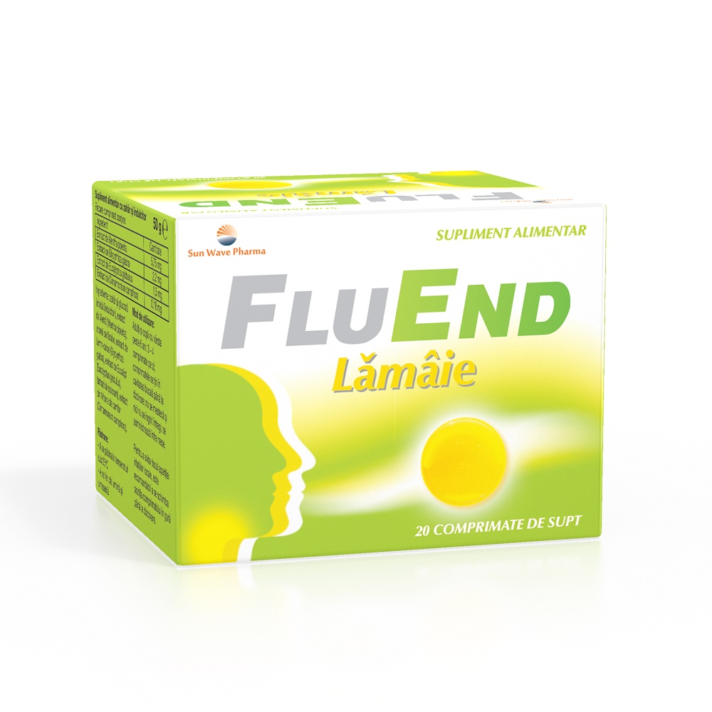 Dureri de gat - Sun Wave FluEnd drops cu aroma de lamaie x 20 comprimate de supt, medik-on.ro